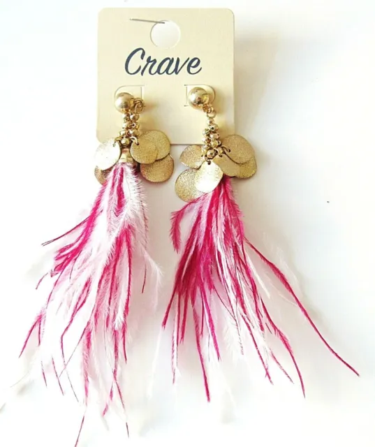 Womens Crave Fushia & Pink Long Pretty Feather Statement,Earrings 4.5" Long