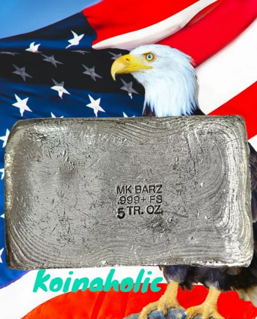 5 oz Silver MKB Waving American Flag Bald Eagle High Relief Art Bar .999 2