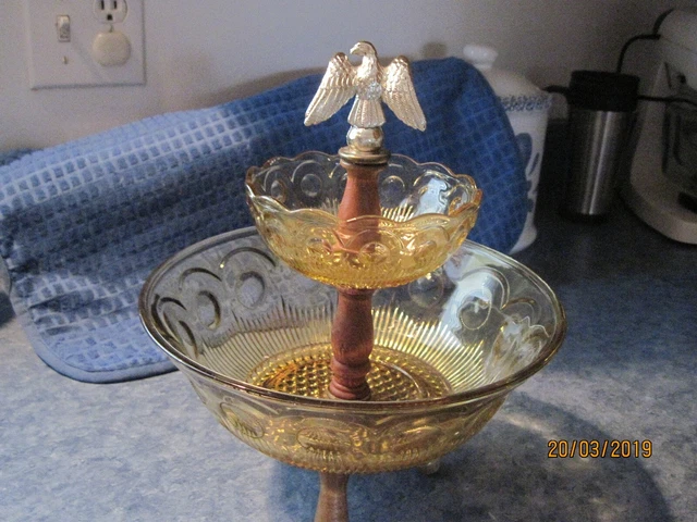 Vintage Amber Footed Double Bowl Centerpiece w/Eagle Topper 2