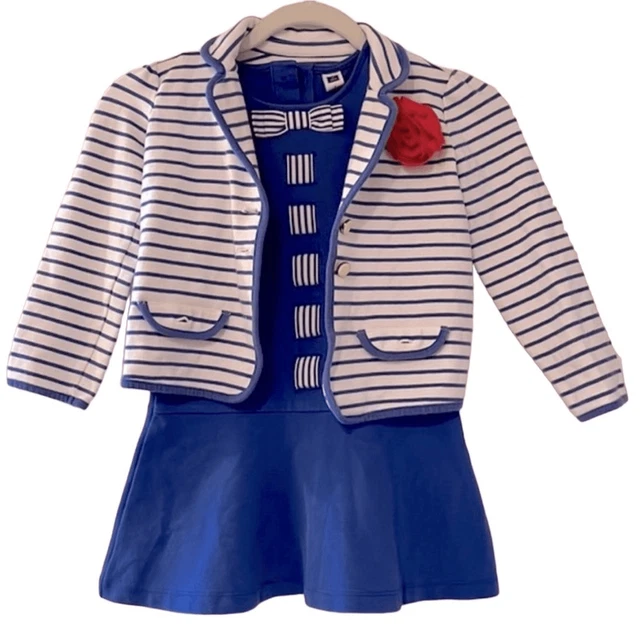 Janie and Jack Girls Set Villa Garden Blue Ribbon Bow Dress and Blazer - size 4T