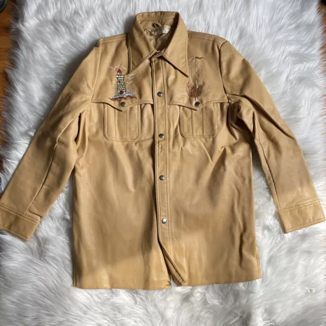 Vintage Montgomery Ward Leather Look Jacket Cognac Brown Embroidered Size 20