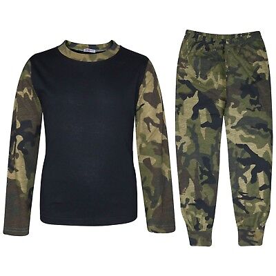 Kids Boys Girls Pjs Contrast Camouflage Green Plain Stylish Pyjamas Set 2-13 Yrs