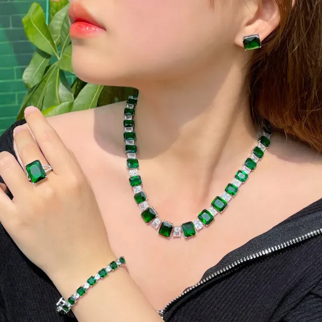 4pcs Luxury Big Cut Green Square Cubic Zircon Silver Plated CZ Women Jewelry Set
