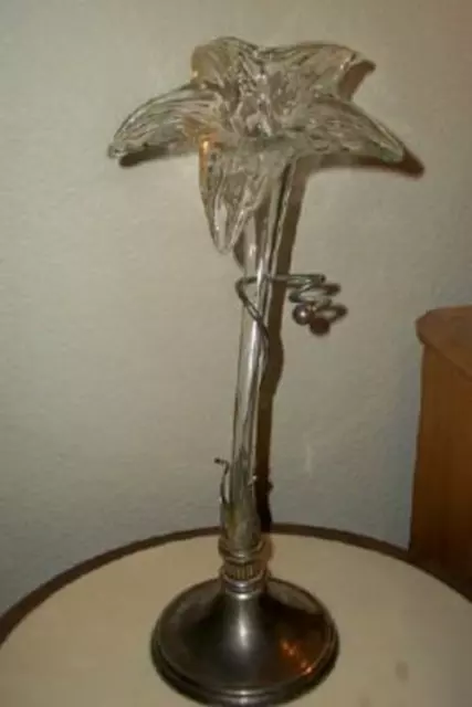 Art Nouveau Silver Plated Trumpet Flower Vase Hand Blown Glass Epergne Vintage