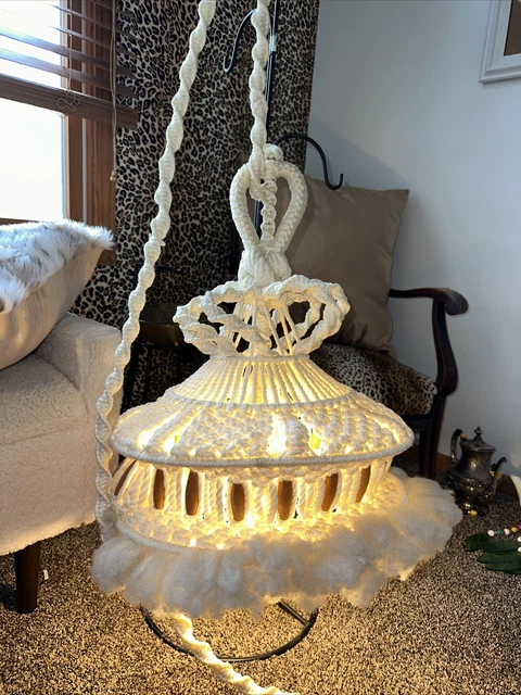 Vintage Macrame Hanging Lamp BOHO 12’ Corded With Wood Beads