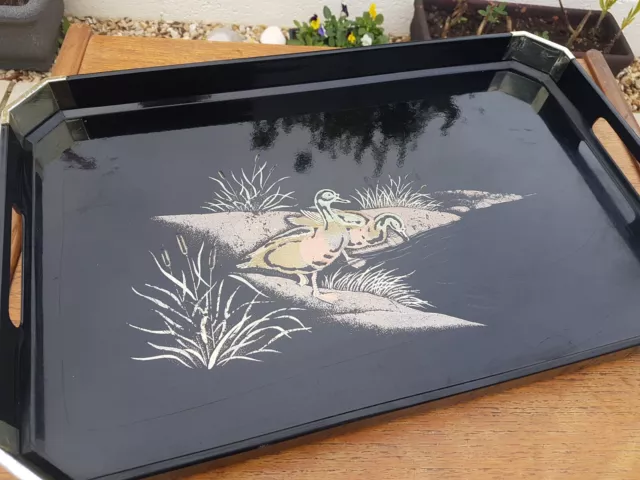 Vintage Japanese Oriental Black Laquer Style Ducks Bullrushes Serving Tray