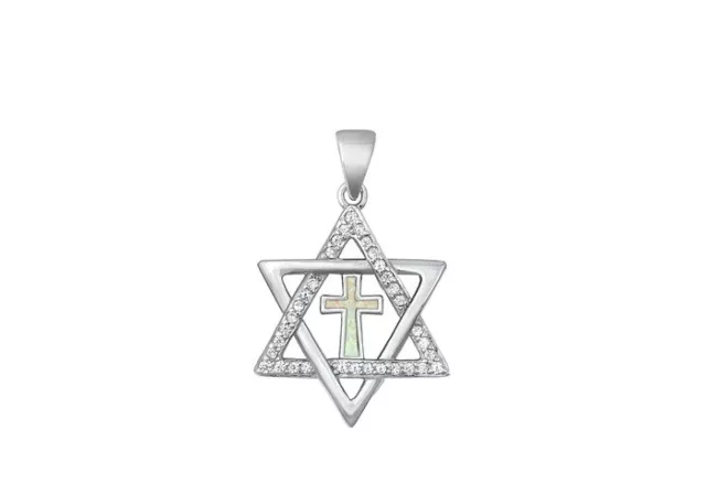 925 Sterling Silver Messianic Star of David Cross Pendant White Opal and CZ