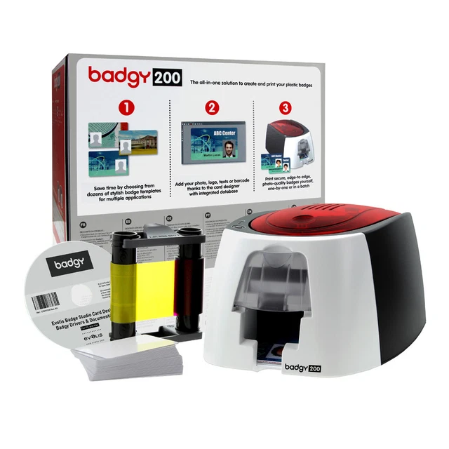 PLASTIC ID CARD Printer Starter Kit Badgy 200 Inc Software, Ribbon