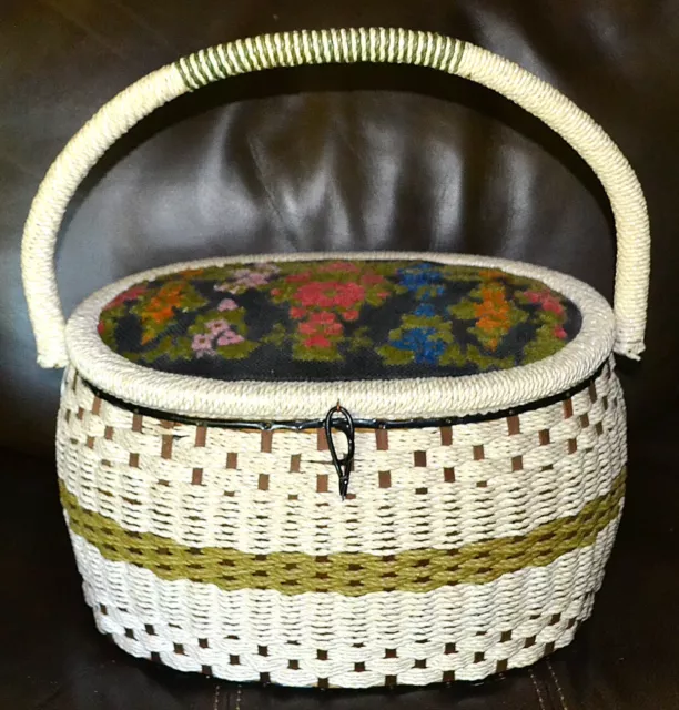 Lovely Vintage Woven Wicker Oval Sewing Basket, Needlepoint Lid, Satin Lining