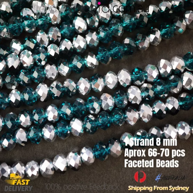 1 Strand 8mm Teal Silver Shine Rondelle Faceted Glass Crystal Beads 65 PCS