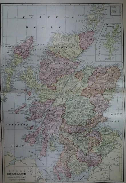 Old (14x22) 1904 Cram's Atlas Map ~ SCOTLAND ~ Free S&H ~Inv#307
