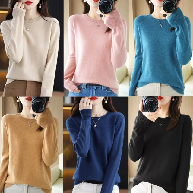 Women Wool Cashmere Sweater Knitted Pullover Slim Crew Neck Sweater Jumper AU