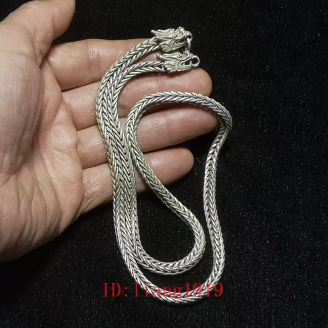 L 24 inch Old Chinese Tibet Silver Handmade Dragon Necklace Hand Catenary Gift