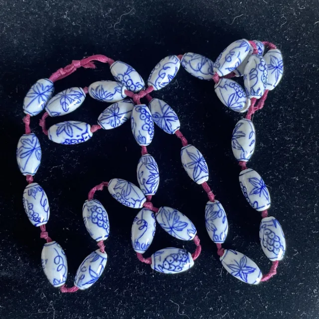 Vintage Chinese Export Asian Beaded Blue & White Ceramic Bead Necklace On Ribbon