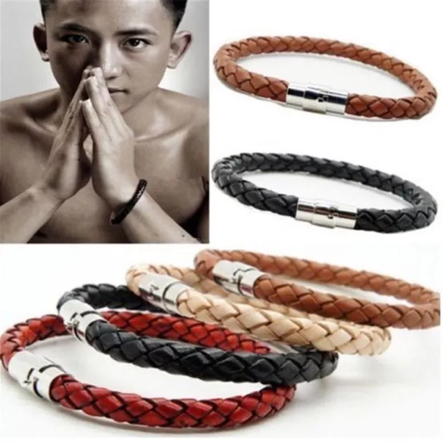 Unisex Women Men Braided Leather Steel Magnetic Clasp Bracelet Handmade Jewelry