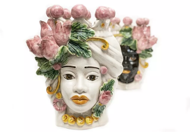 Coppia teste di moro re e regina con tulipani in ceramica di Caltagirone 30 cm