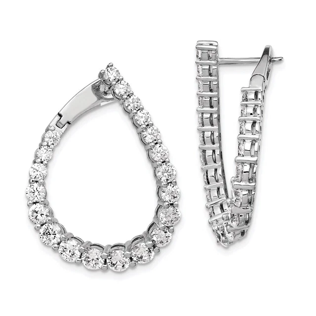 Sterling Silver Rhodium-plated 40 Stone CZ Front and Back Teardrop Hoop Earrings