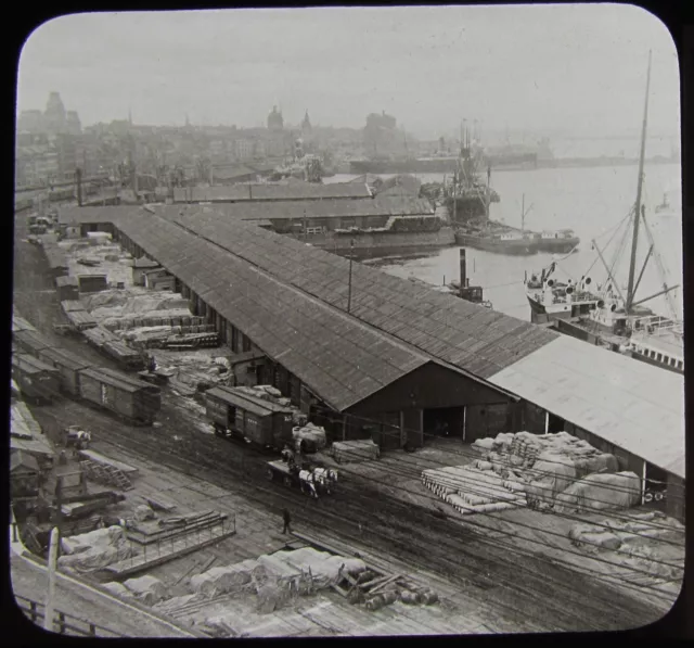 Glass Magic Lantern Slide THE WHARVES MONTREAL C1910 HISTORIC PHOTO CANADA