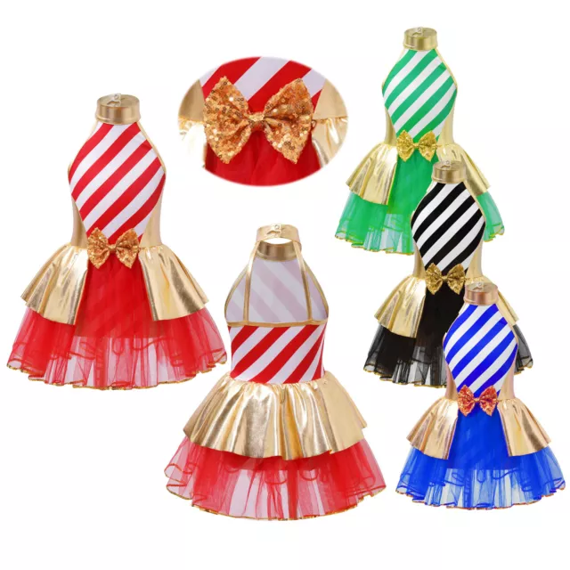 Kids Girls Christmas Performance Leotard Ballet Dance Shiny Sequins Tutu Dress