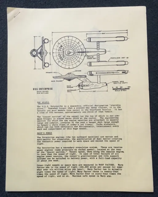 STAR TREK TV 1970's ORIG. 3-page SERIES PRESS RELEASE! USS ENTERPRISE SCHEMATIC!