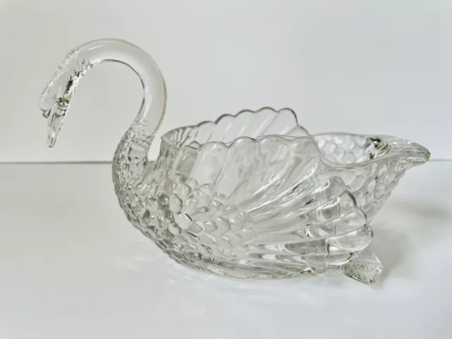 Vtg Clear Sculpted Glass Swan Candy Trinket Dish 7 3/4" L  4 3/4" H