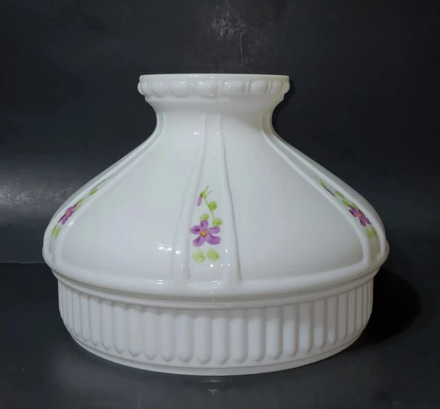ALADDIN LAMP WHITE OPAL GLASS SHADE 10-inch FITTER PURPLE FLOWERS HANDPAINTED
