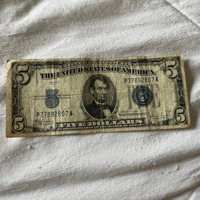 1934-C Five Dollar BLUE Seal Note Silver Certificate $5 Old US Bill Average Circ