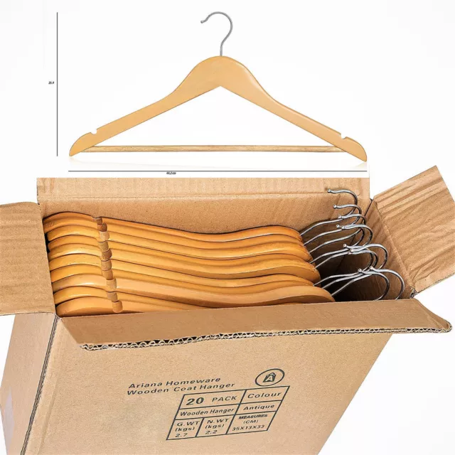 20 x WOODEN COAT HANGERS SUIT GARMENTS CLOTHES WOOD HANGER TROUSER BAR