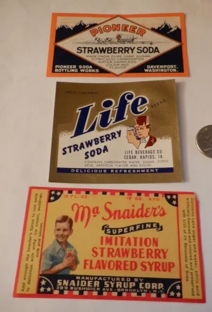 ~3~ Strawberry Soda Bottle Labels Original Life Ma Snaider's Pioneer Paper Pop
