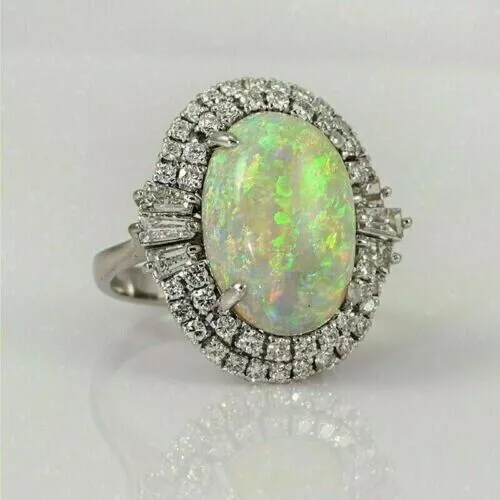 NATURAL OPAL 2.30 Ct Oval Cut Double Halo Engagement Ring 14K White ...