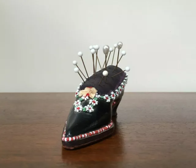 Antique Victorian Leather Beaded Shoe Pincushion