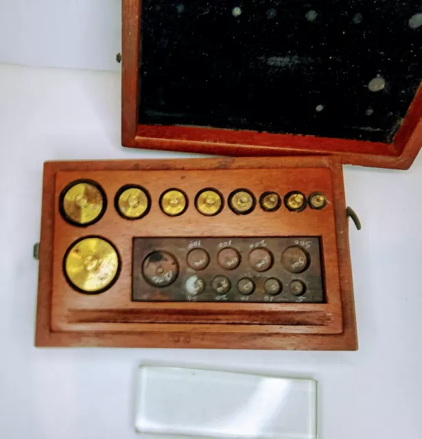 vintage brass scale weights in wood box