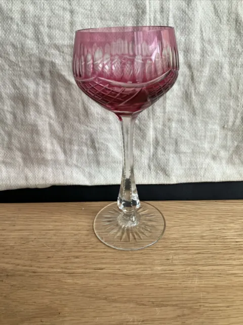 Czech Bohemian Cranberry Cut to Clear Crystal Wine Glass 7” Facet Cut