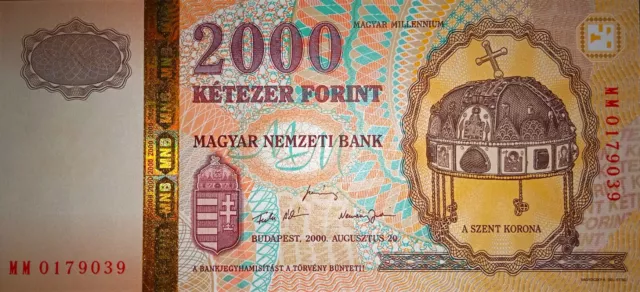 2000 Forint Hungary / Ungarn UNC Millenium commemorative banknote P-186a folder