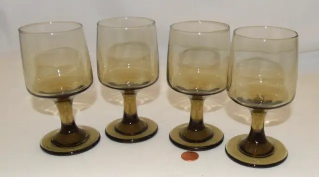 Set of 4 Vintage Libbey Tawny Accent Stemmed Wine Juice Glasses 5 1/8" Tall 6oz