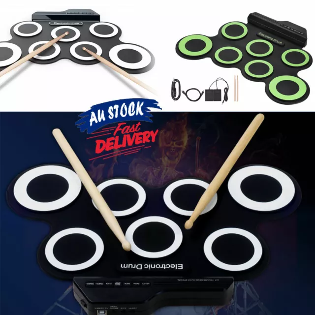 Portable 7 Silicone Pad Electronic Drum Kit Roll Up Hand Roll Set Compact Size