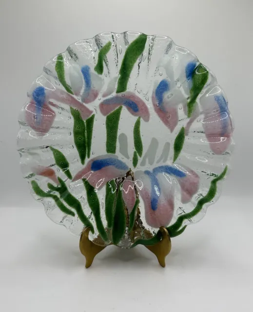 VTG Sydenstricker Signed Fused Glass Pink Blue Iris Floral Green Leaf Plate 6.75