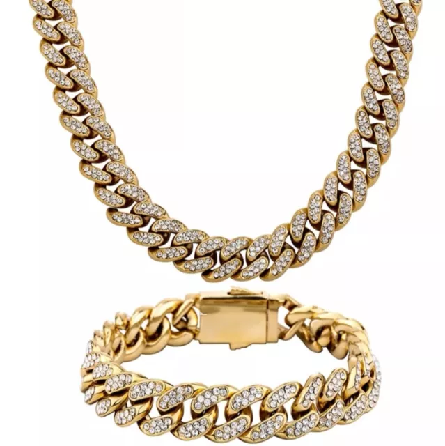 24ct Gold Layered Mens Curb Cuban link Bracelet And Chain Cz Gift 24k