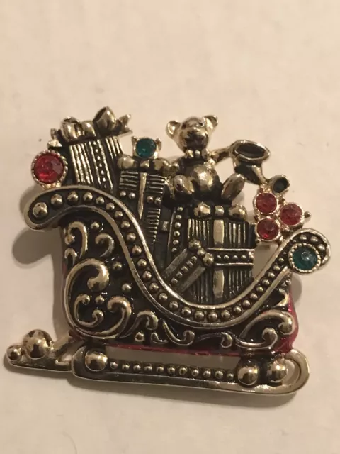 Christmas Santa's Sleigh Brooch Pin Loaded w/ Gifts & Teddy Bear Red Enamel