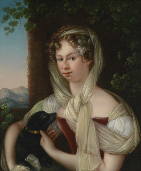 Art Oil painting portrait beautiful young lady with her pet black dog in sunset