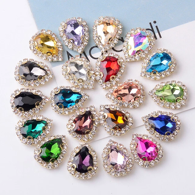 Golden Bottom Glass Crystal Buckle Drop Shape Sew on Rhinestones DIY Accessories