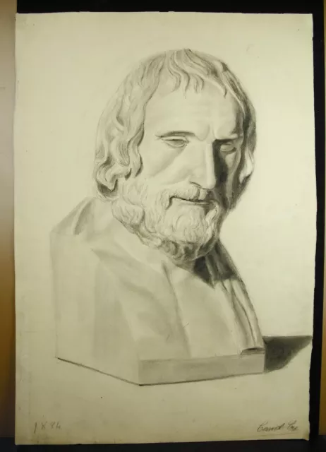 Eugène Cornet Drawing Xixth Original Bust Philosopher Greek IN the Ancient