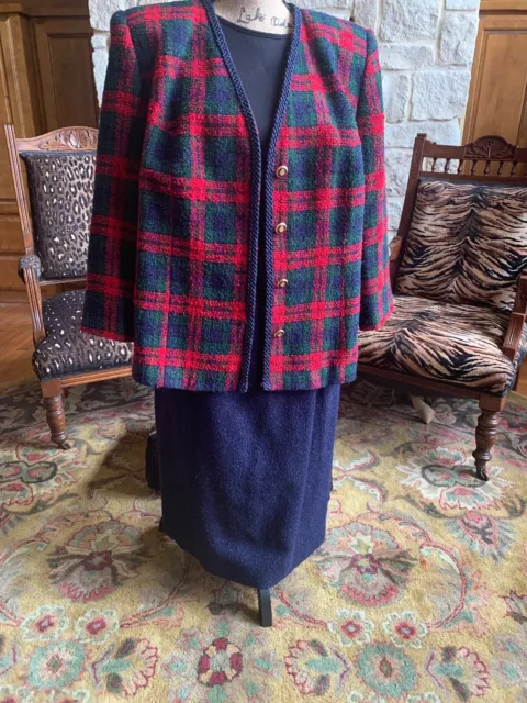 Womens Plus 14 W Red Green Blue Plaid Wool Suit Skirt Blazer Career Work W12