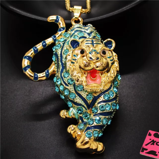 New Betsey Johnson Rhinestone Bling Blue Tiger Crystal Pendant Chain Necklace