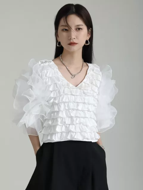 T-shirt donna bianco avorio maglia arricciata elegante nuova collo a V manica corta