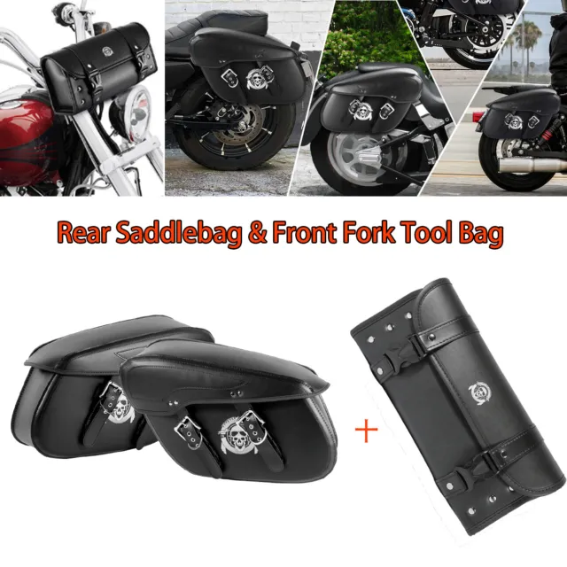 PU Leather Motorcycle Saddle Bag Black Side Panniers Saddlebags Tool Bags 3 Pcs