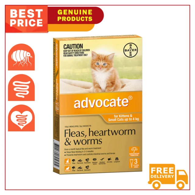 ADVOCATE for Flea Heartworm and Worm Treatment 3 Pipettes Up to 4 Kg Cats ORANGE