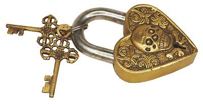 Heart Shape Skull Design Lock Antique Vintage Style Brass Handmade Padlock Keys 2