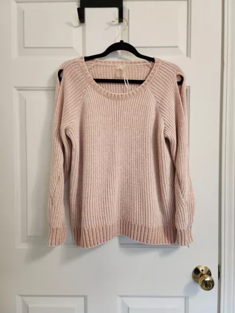 Calia Pastel Pink Plush Cutout Braided Sleeves Knit Top Sweater Women