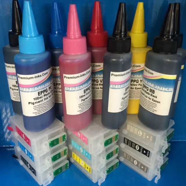 9x PIGMENT INK + REFILLABLE EMPTY CARTRIDGE FITS EPSON SURECOLOR SC-P600 SCP600